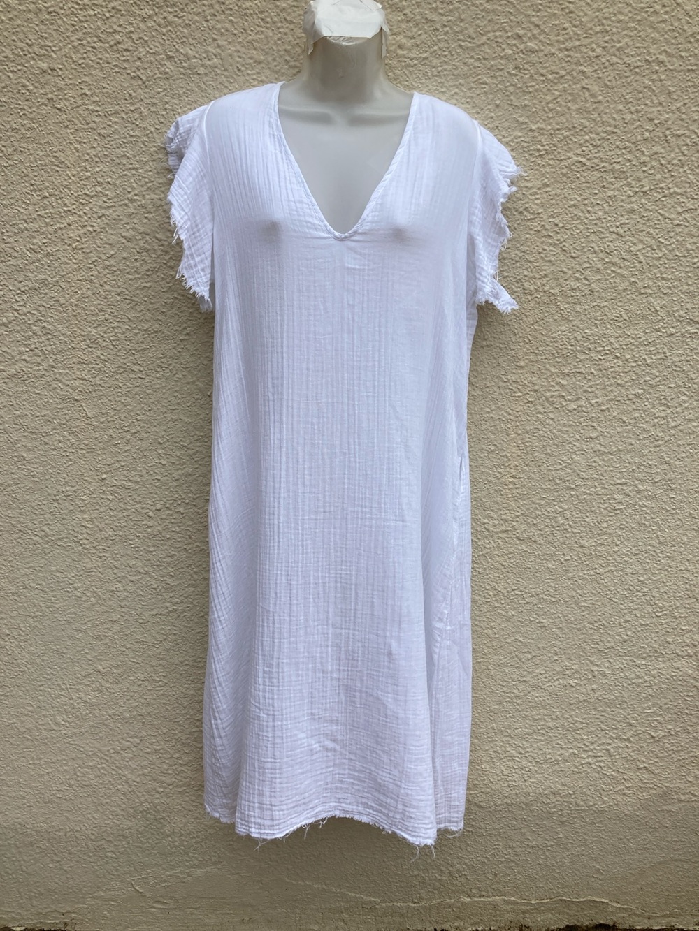 Stark X Crinkle White Gauze V-Neck Midi Caftan Dress M